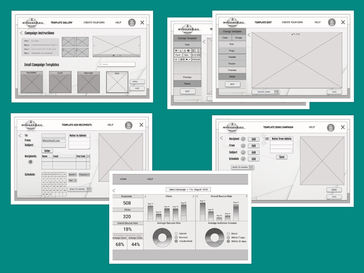 Collage photo of wireframes for basic user whooshmail