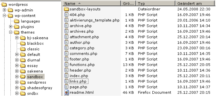Abbildung 115: Wordpress Theme "Sandbox“: nach dem Auspacken der ZIP-Datei ein Ordner mit vielen Dateien