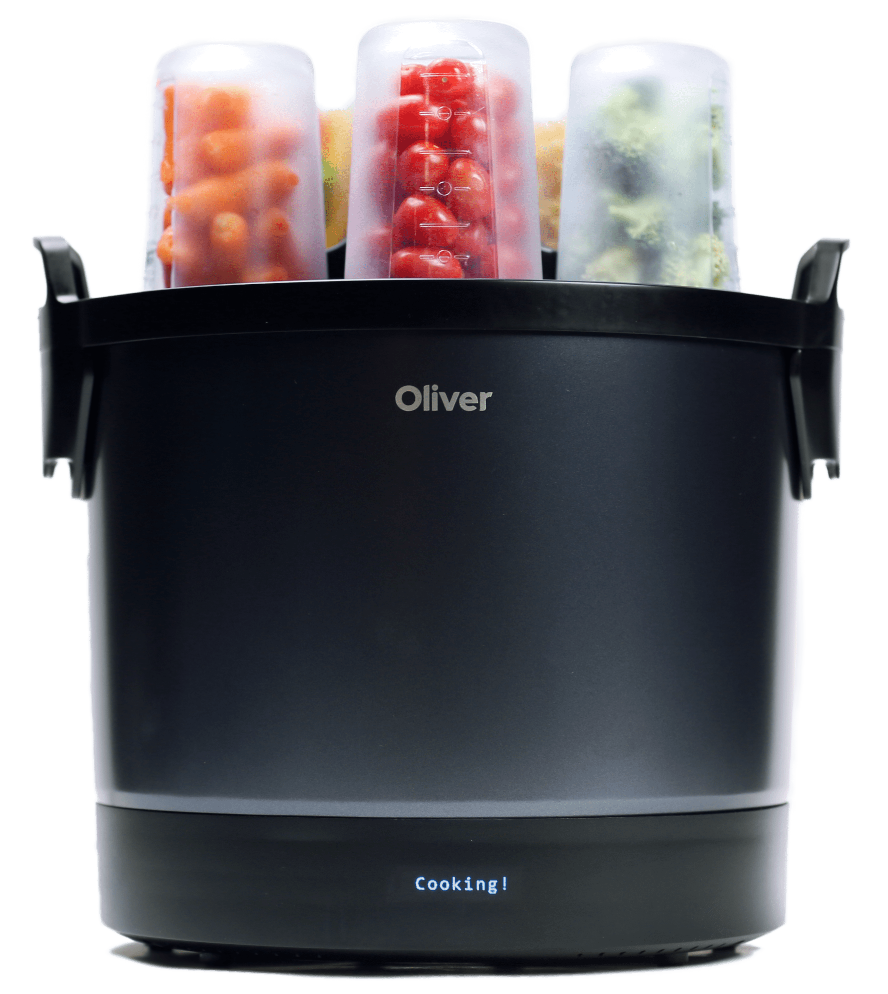 Front profile view of the black Oliver unit (smart Kitchen robot) jars full of ingredients. Oliver is a smart kitchen appliance.