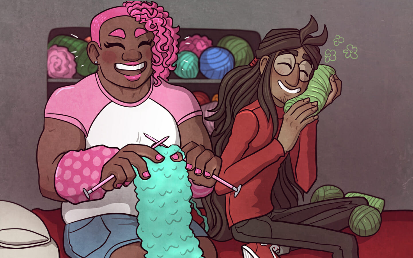 Vash laughs as Tim rubs his face against a skein of yarn.