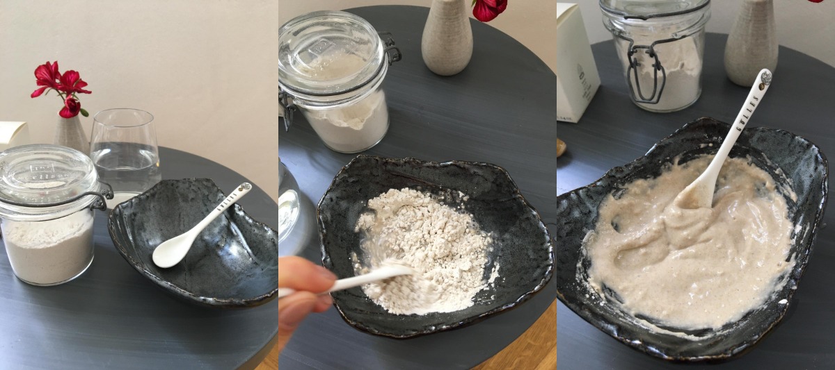 Step by step image collage how to mix rye flour with water