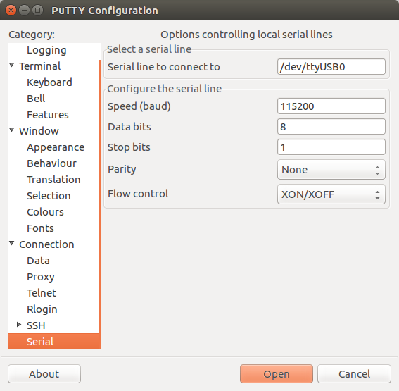 PuTTY serial port configuration