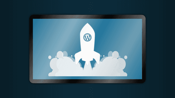 The WordPress logo on a rocket illustration. The WordPress logo on a rocket illustration.