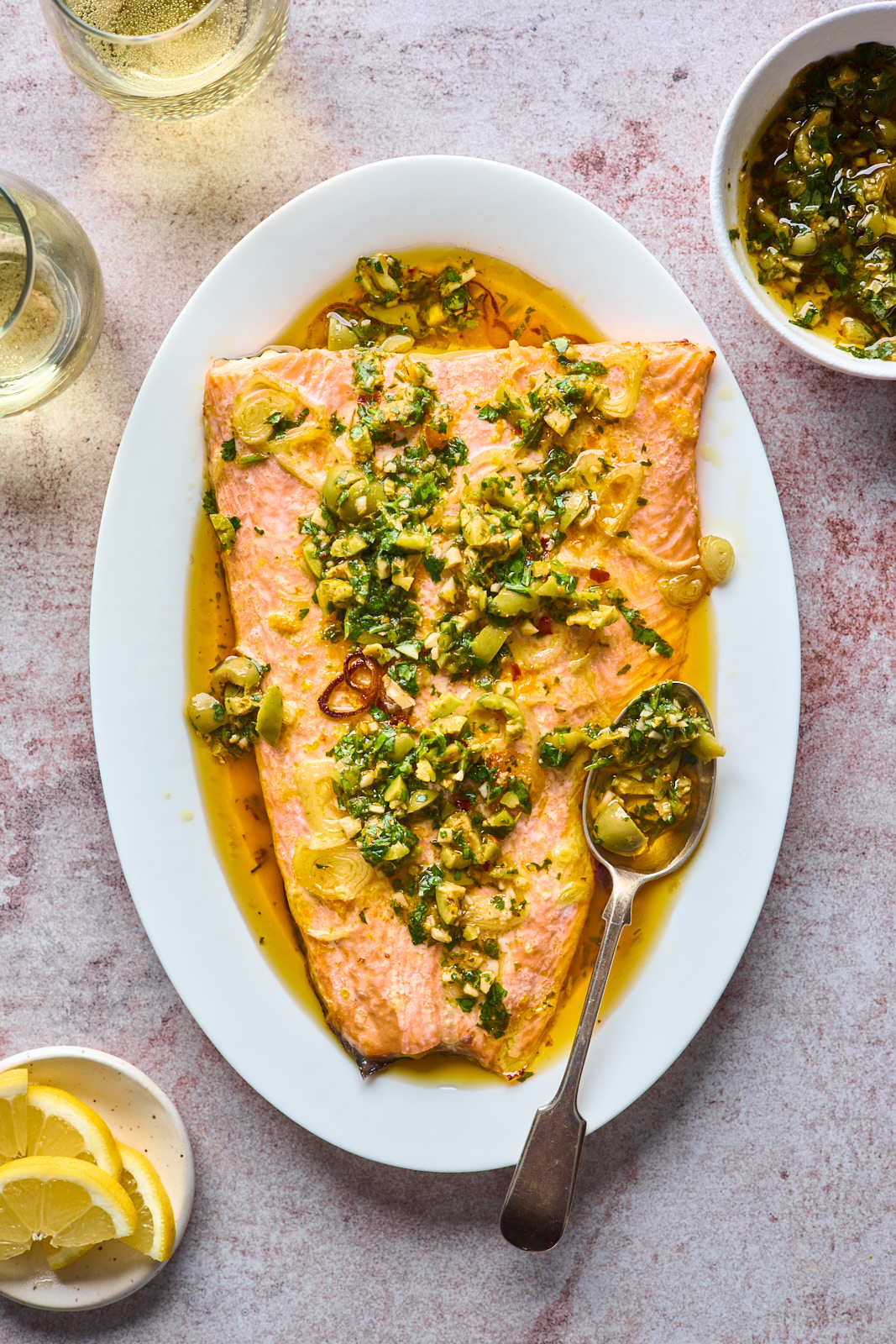 Roasted Citrus Salmon With Green Olive Salsa Verde