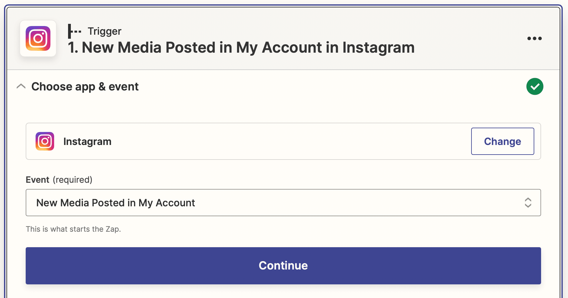 Screenshot of Zapier Instagram new media posted in my account trigger