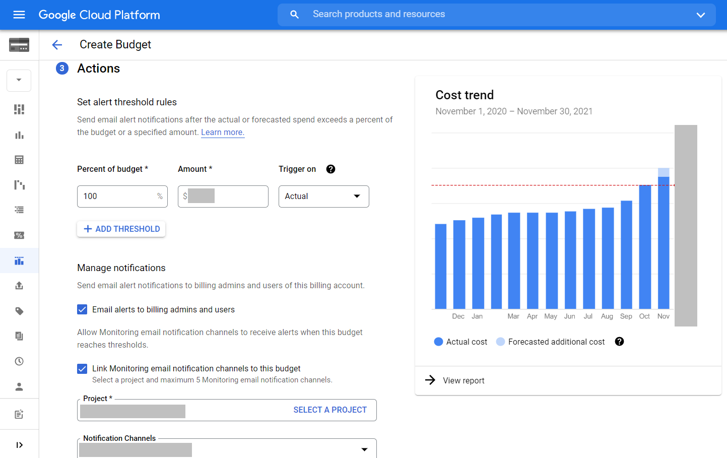 Google Cloud Platform budget actions settings