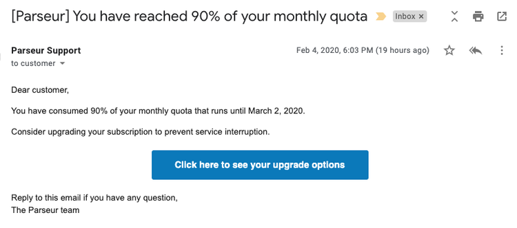 Quota almost reached email