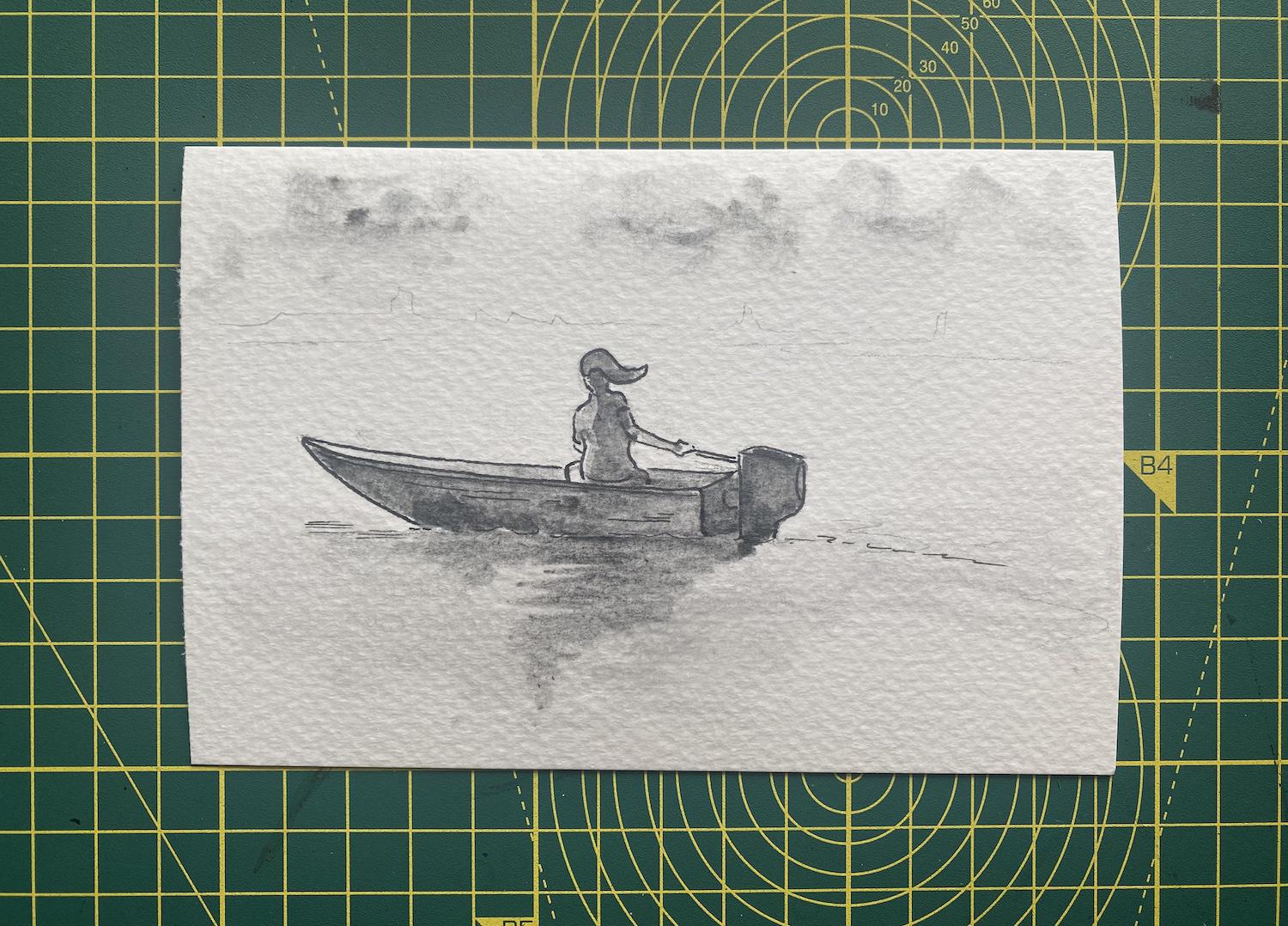An ink and graphite sketch of a woman on a small boat