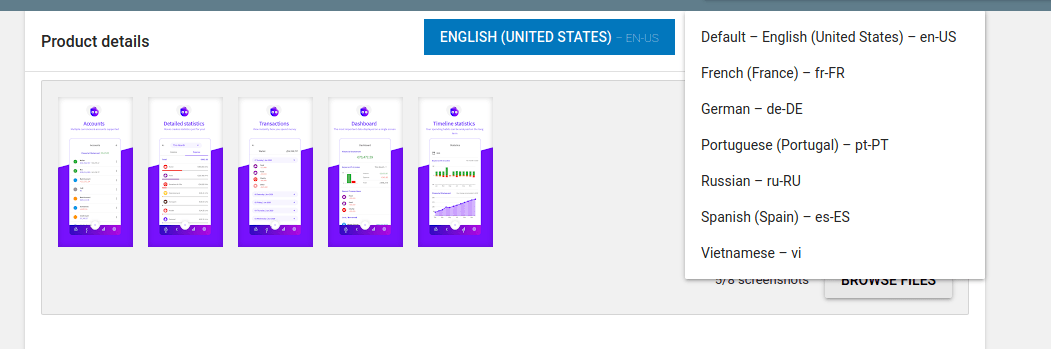 An screenshot of the Google Play Store. Seven languages are displayed and there is a list of phone screenshots for the current one selected.