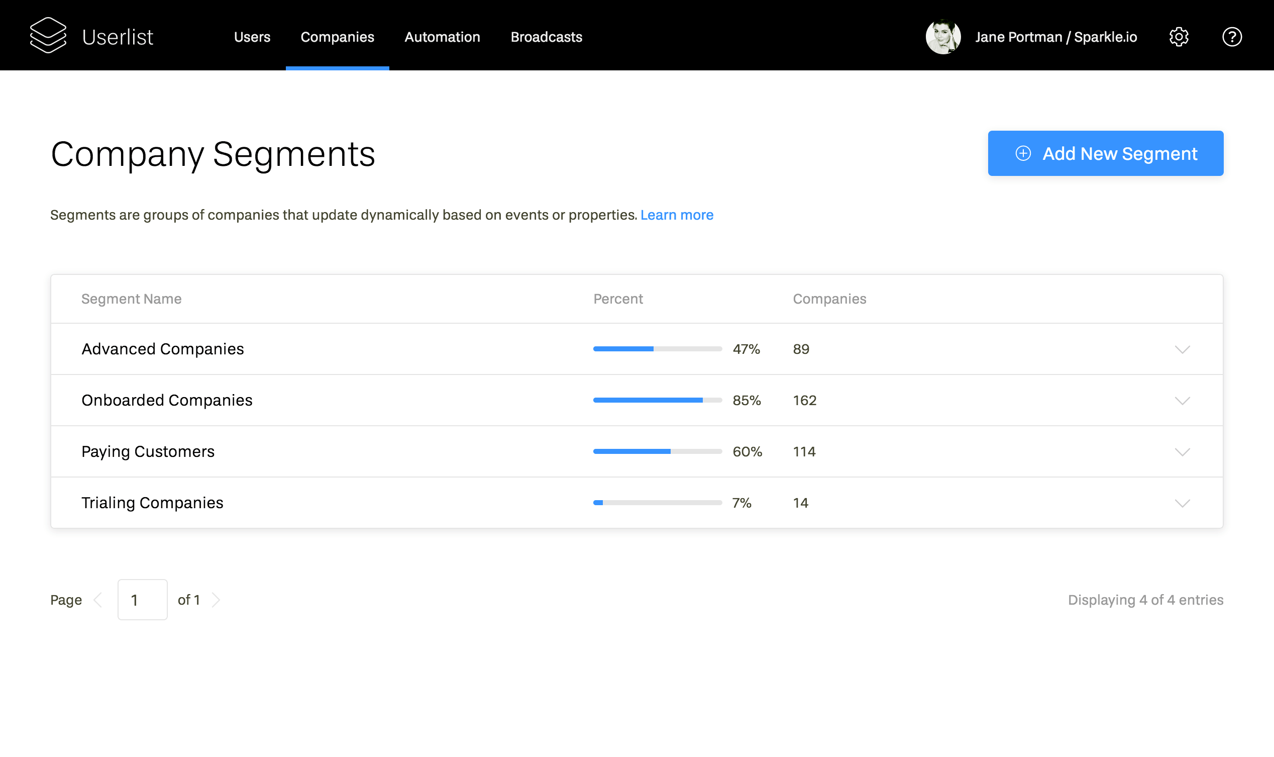 Screenshot of company segments on Userlist