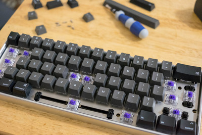 The keyboard partway through fitting the keycaps