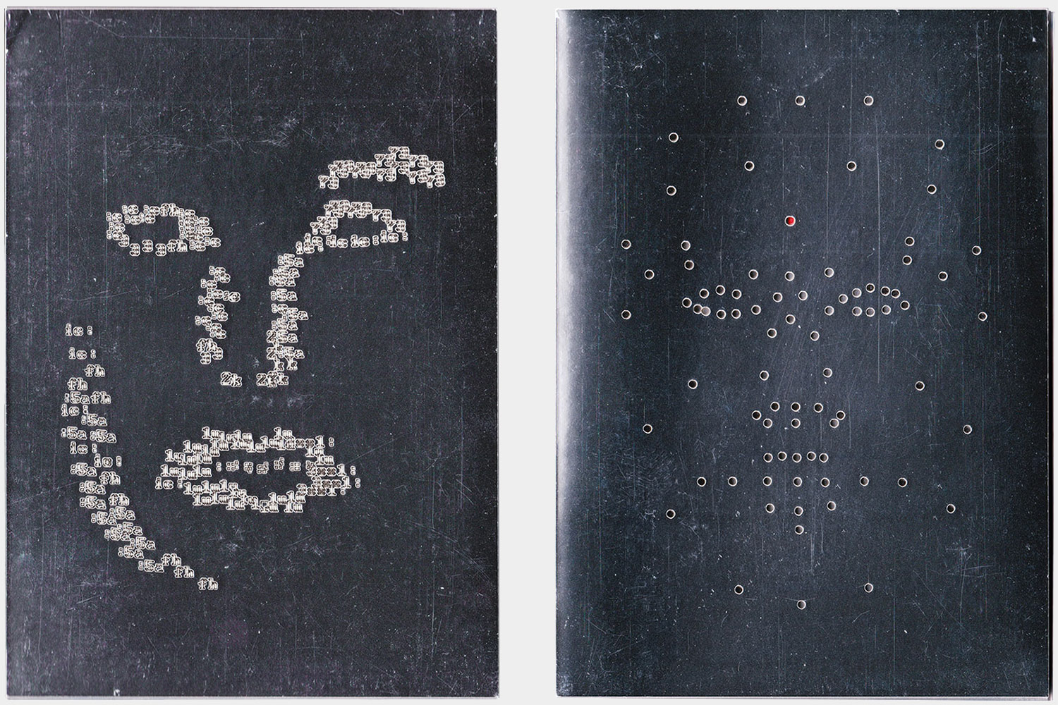 Metallic front and back covers with laser cut figures resembling a face on each cover.
