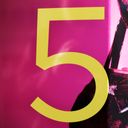 Yellow five on an magenta background with inscrutable black forms.