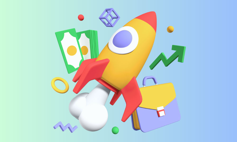 A 3D graphic featuring a vibrant rocket ship amidst playful 3D shapes, money, and a briefcase. The artwork is set against a backdrop of a light green and light blue gradient.