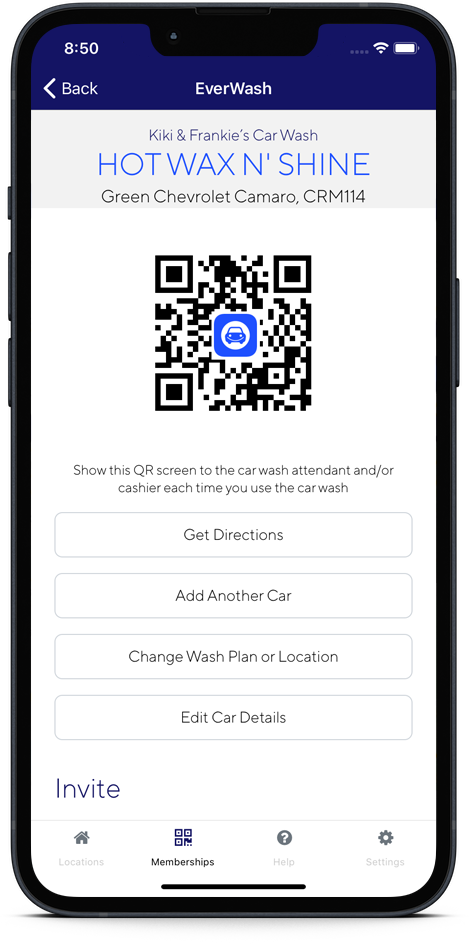 Iphone 11 with EverWash unlimited car washes app qr code screen