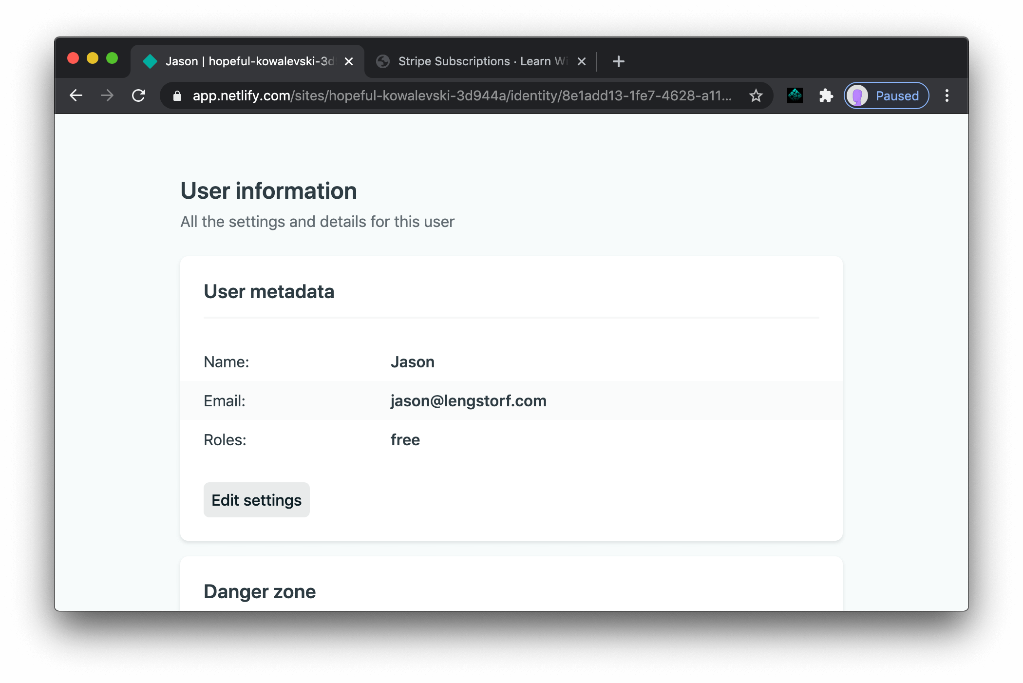 Netlify Identity dashboard showing a user with the free role applied after signup.
