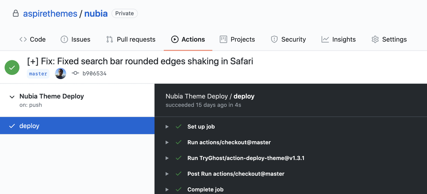 Nubia documentation Ghost CMS Theme GitHub Actions