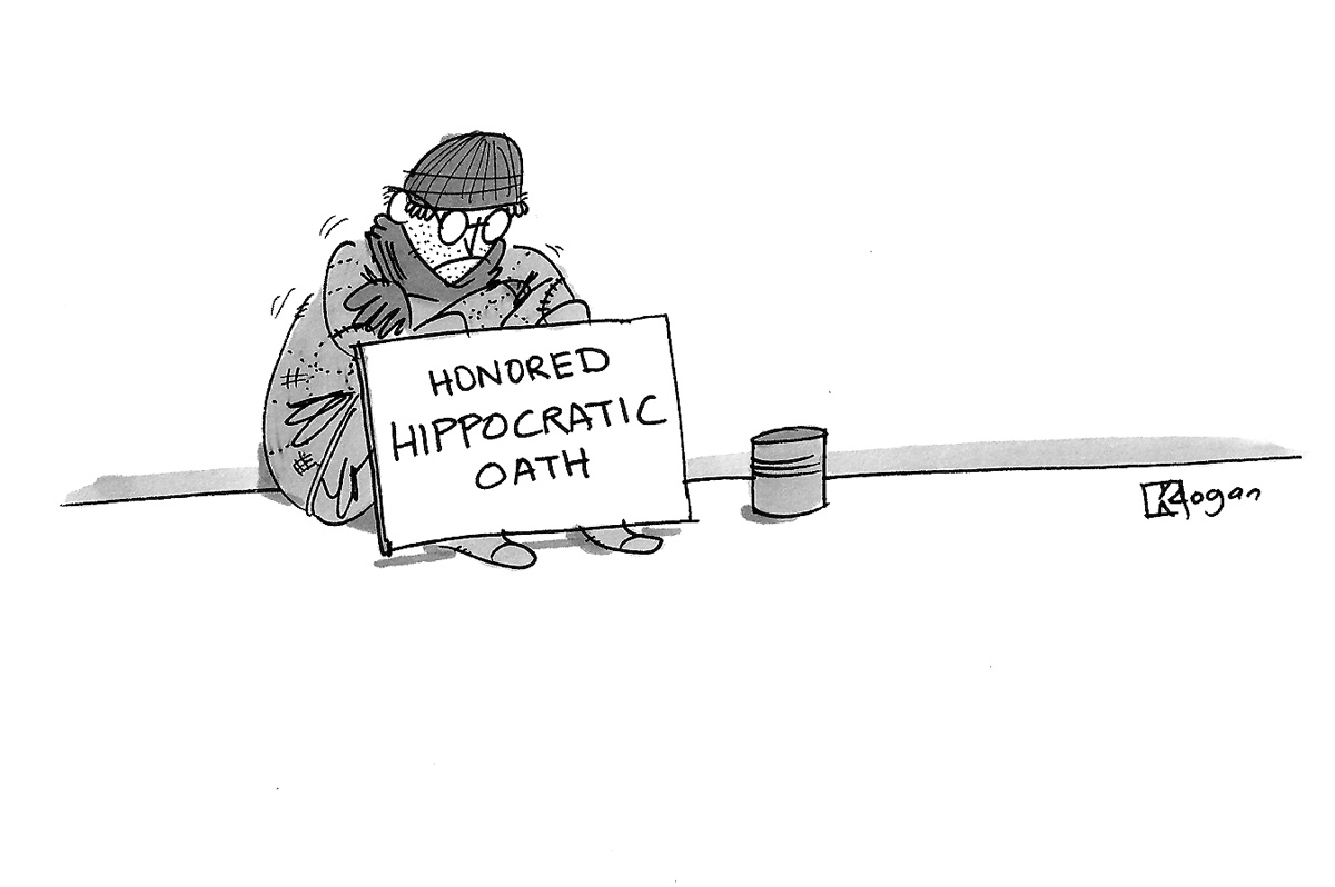 (Homelass man holds sign: 'Honored Hippocratic Oath.')
