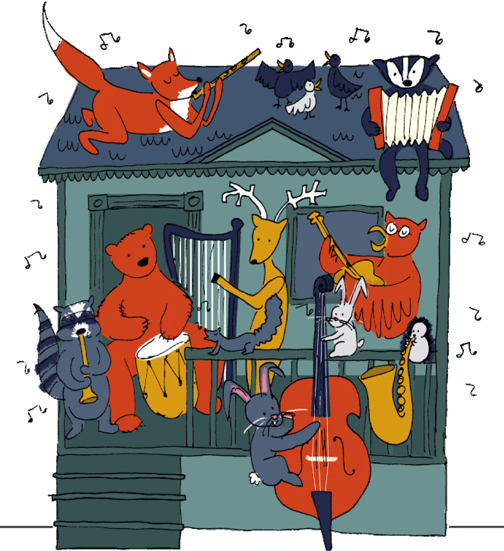 Whimsical illustration of animals playing instruments on the porch of a house