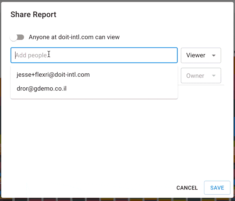 A screenshot showing the location of the Share Report modal dialog