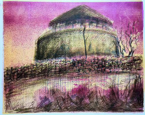 lithograph of a Martello Tower with purple sky backdrop