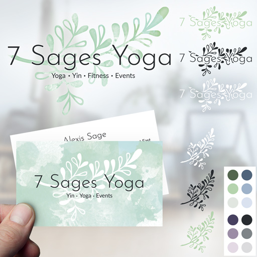 Brand materials for a small yoga studio are shown, including a set of business cards and logos.
