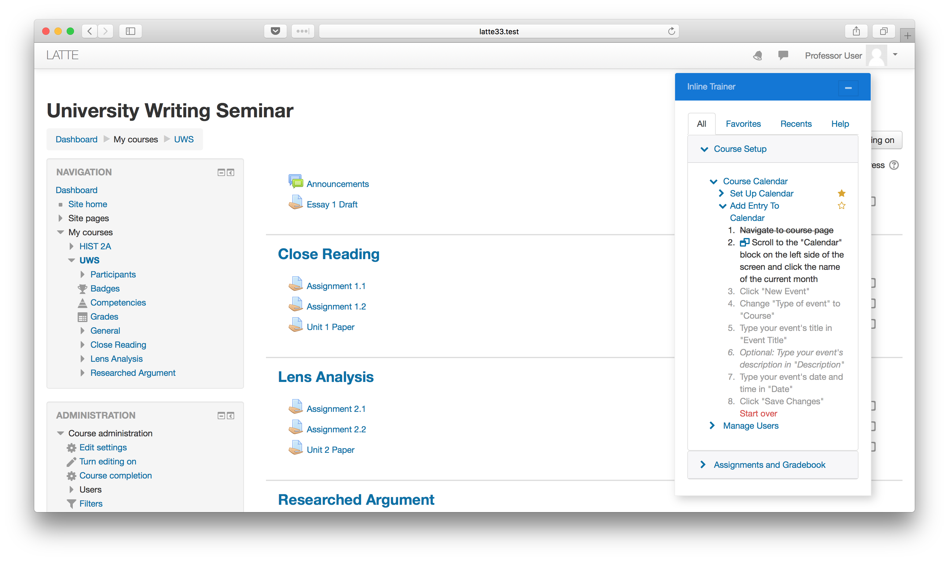 Screenshot of an instance of Moodle with the trainer plugin displayed on the left side of the screen. Completed steps are crossed out, the current step is displayed normally, and future steps are grayed out.