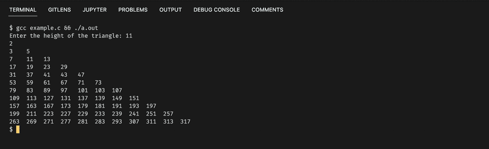 2 different C programs to print a triangle of prime numbers - CodeVsColor