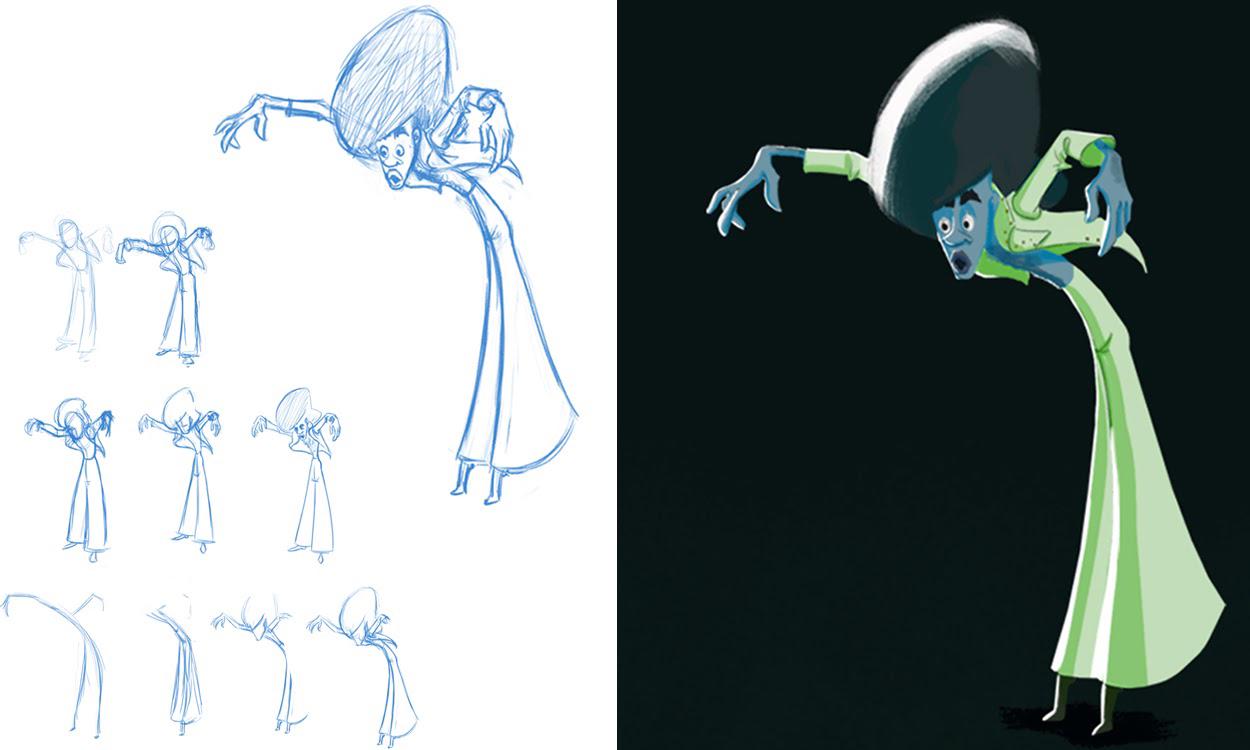 Blue pencil sketches of a cartoon woman, alongside a finished digital version, by Ramya Hegde