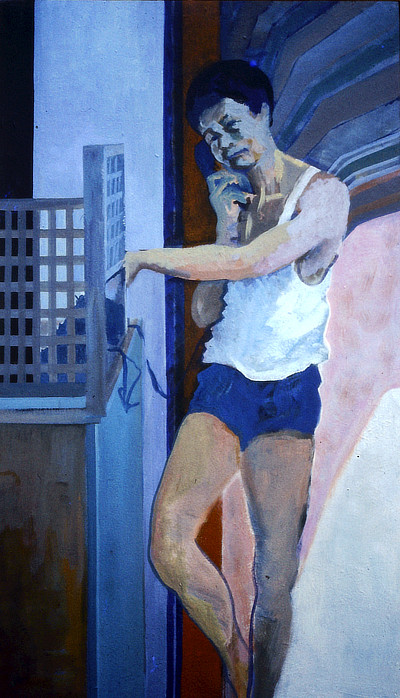 painting of a man standing and holding a telephone to his ear