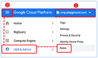 A screenshot showing how to select an organization, access the IAM & Admin menu item, and then select Roles