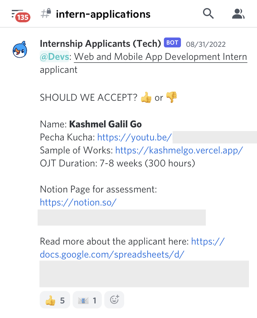 The automated message the admin gets everytime an intern applies.