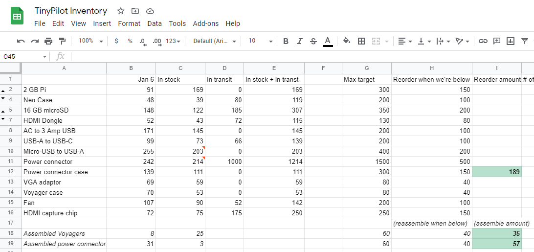 Screenshot of TinyPilot inventory spreadsheet