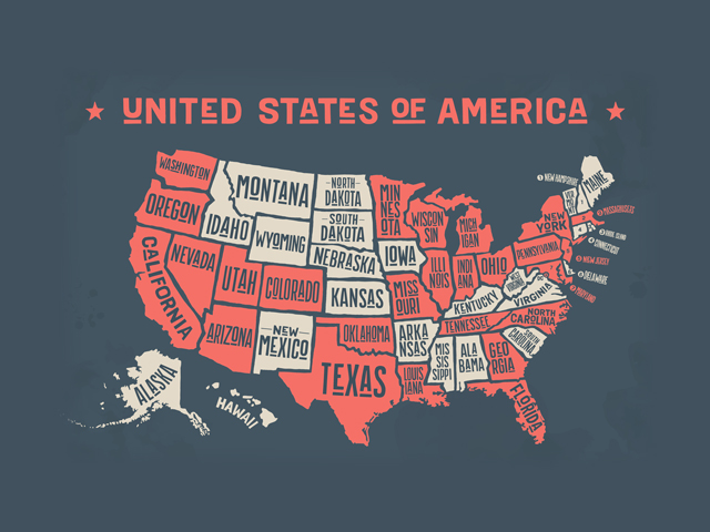 An illustration of highlighted States that do not have a professional sports team