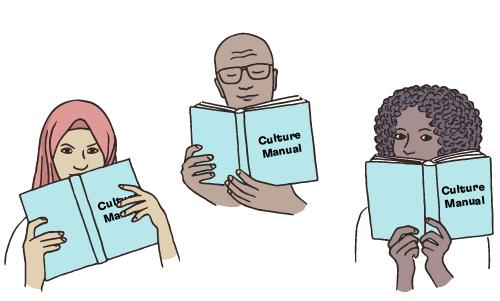 Illustration of three employees. One wears a salmon-colored hijab, another is bald, and the third has curly hair. Each is reading the same book, labeled “Culture Manual.”