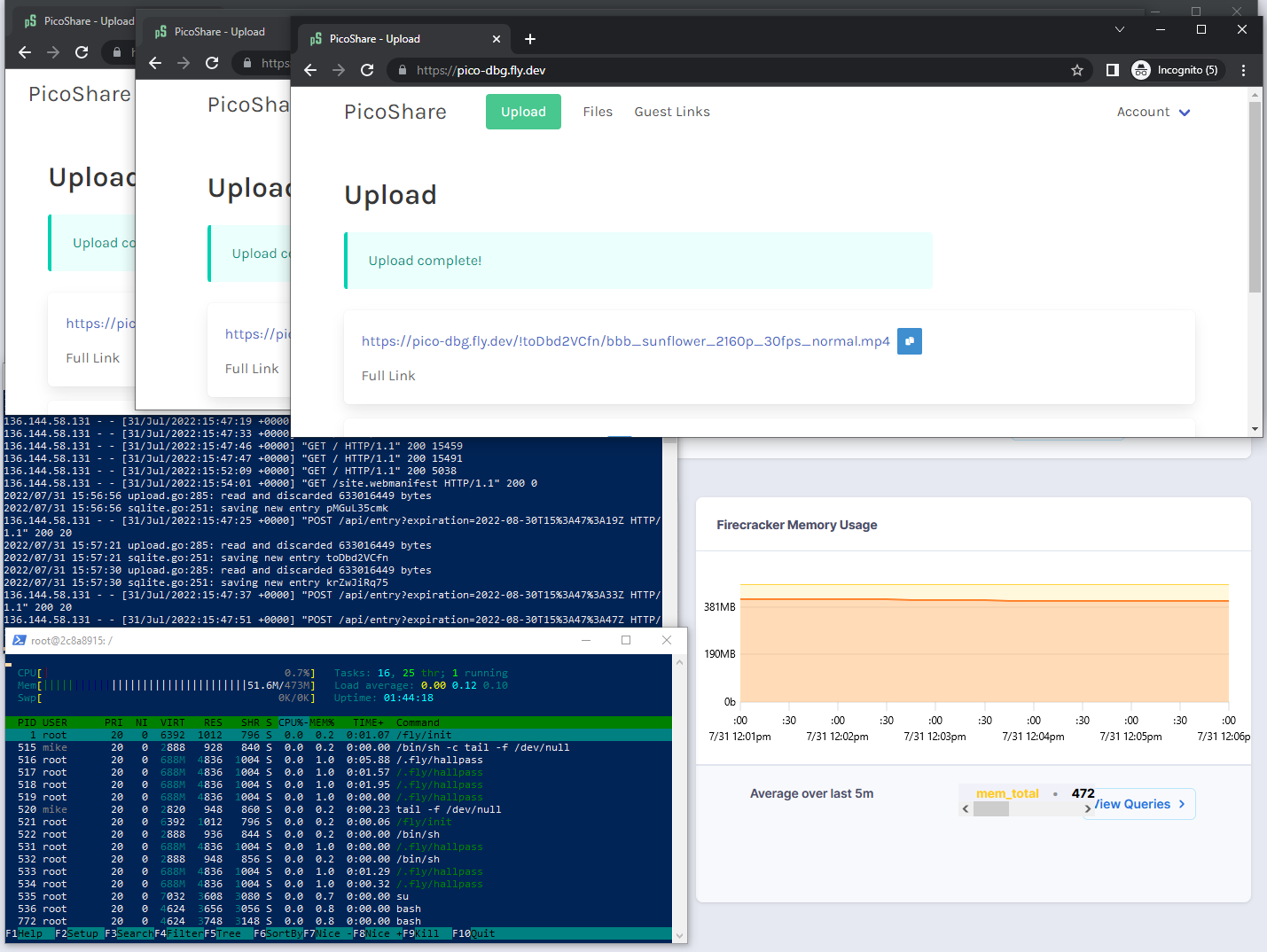 Screenshot of three parallel PicoShare uploads succeeding without crashes