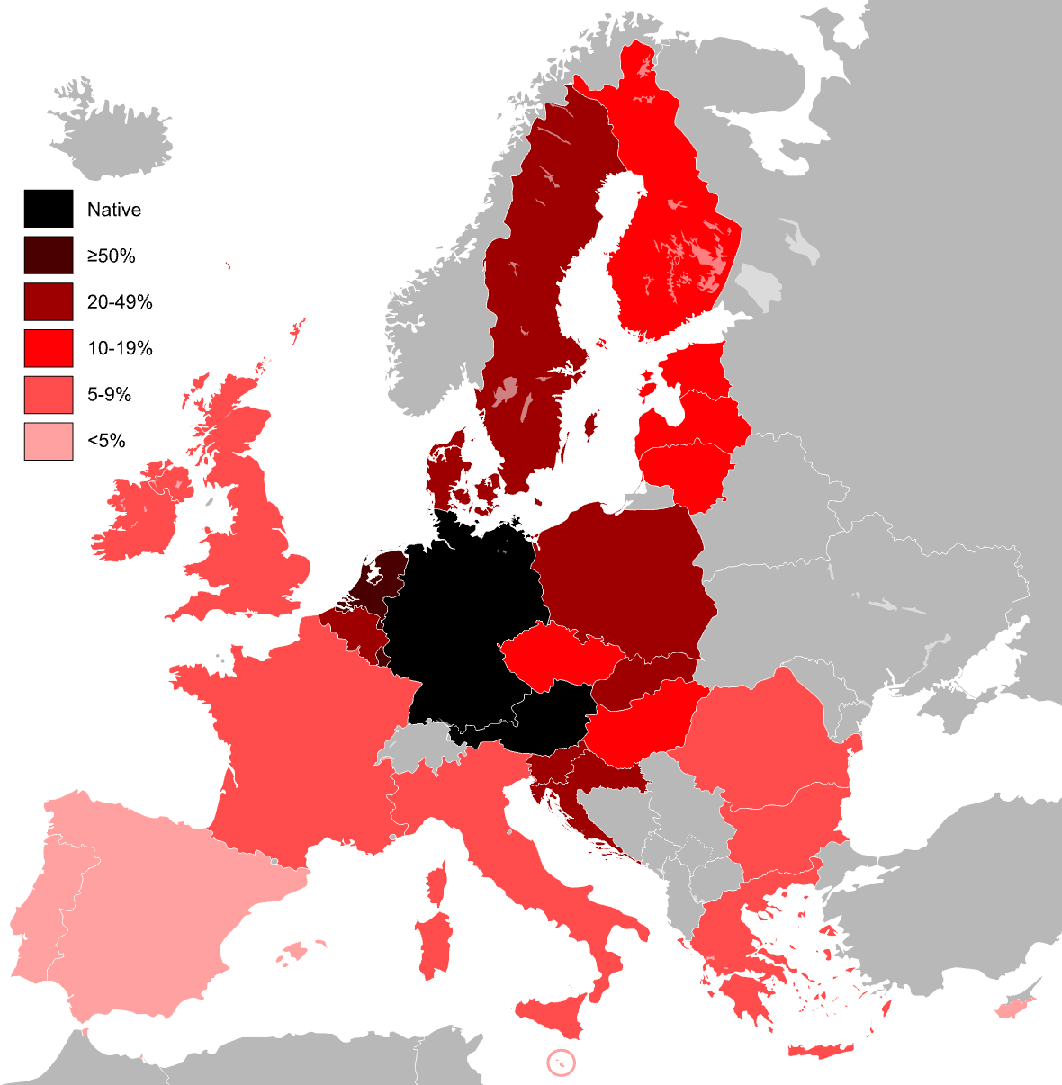 Knowledge of Standard German within the states of the European Union. [Created by Alphathon.](https://commons.wikimedia.org/wiki/File:Knowledge_of_German_EU_map.svg)