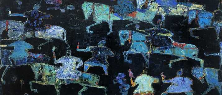 Reza Derakshani, Hunt the Blue Night, oil on canvas, 120 x 200cm