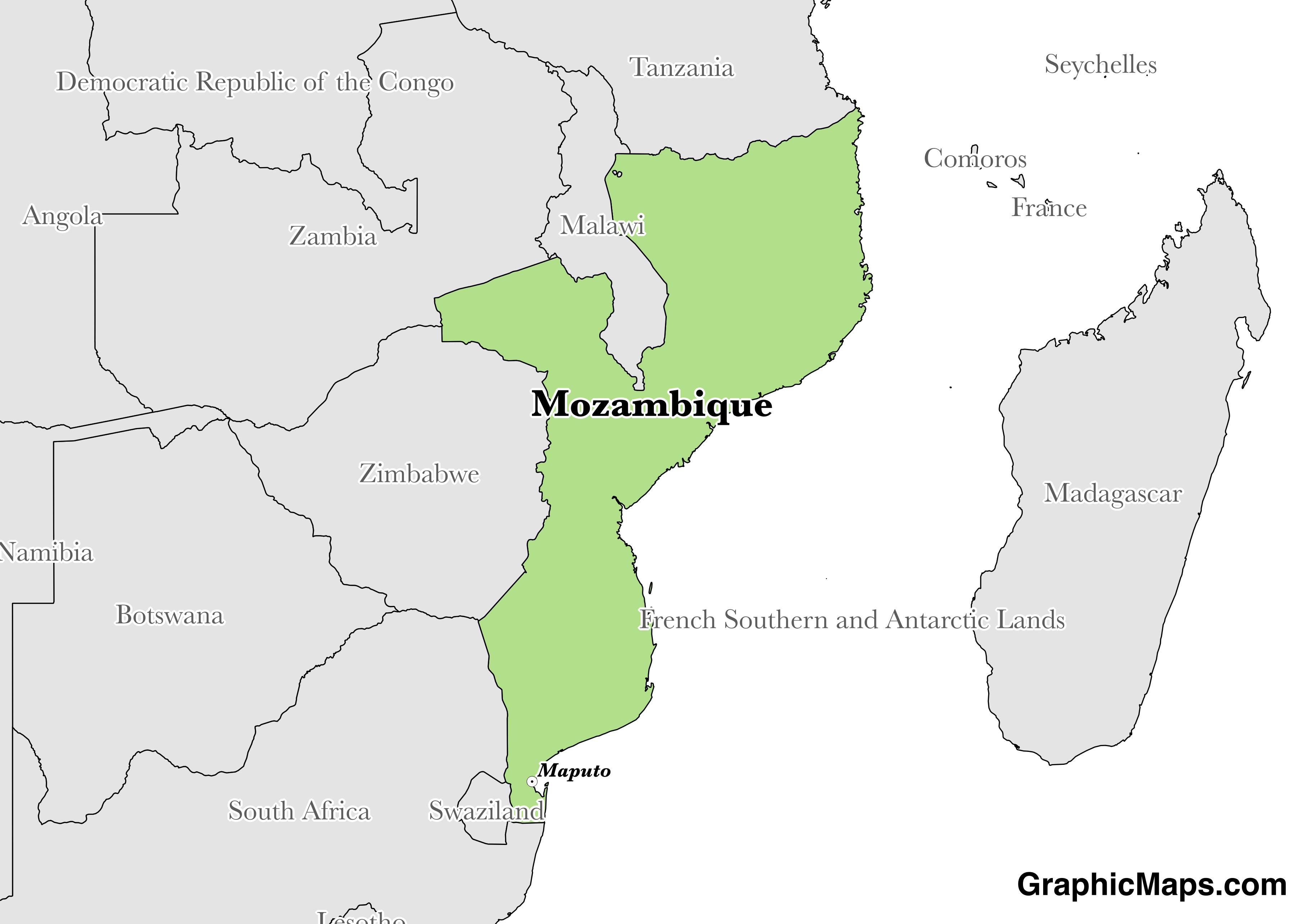 Map showing the location of Mozambique
