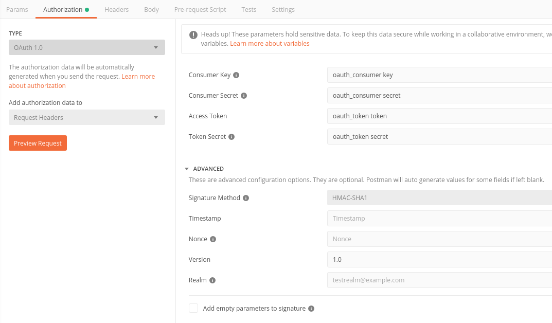 The Authorization tab of a Postman request with OAuth 1.0 selected.