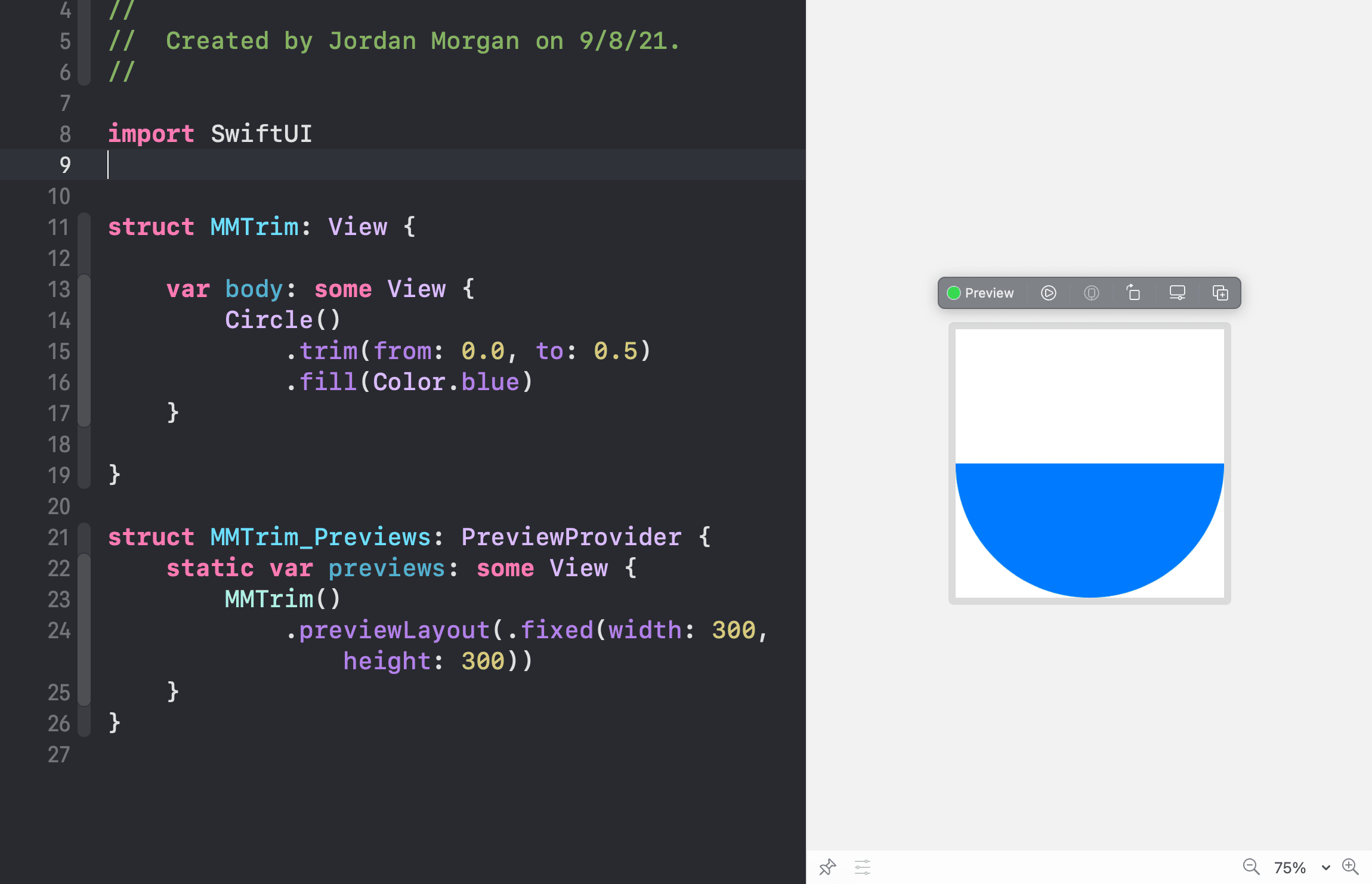 Circle clipped, but this time flipped horizontally on its axis, using the trim modifier.