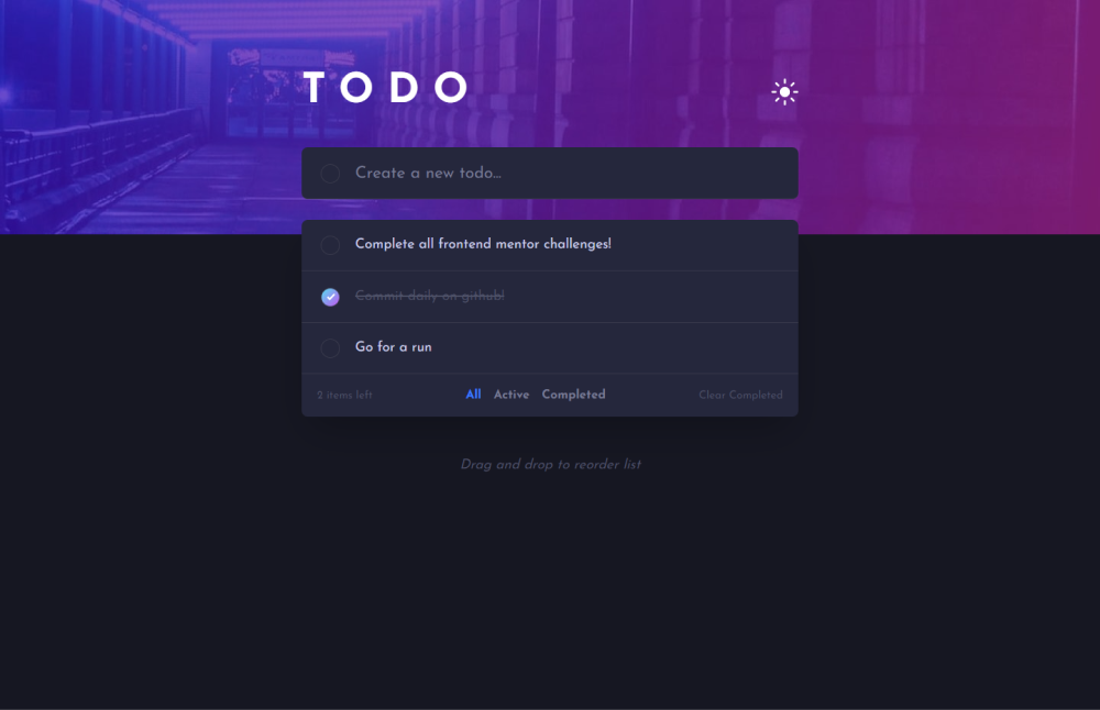 Mockup of todo app with dark/light theme switch and drag n drop