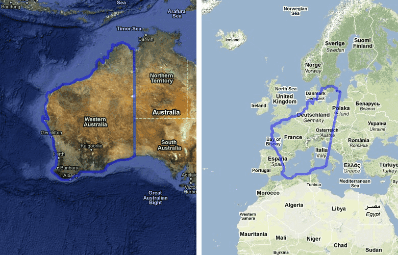 Regions-MAPfrappeGoogleMapsMashup-WesternAustraliacomparedtoEurope
