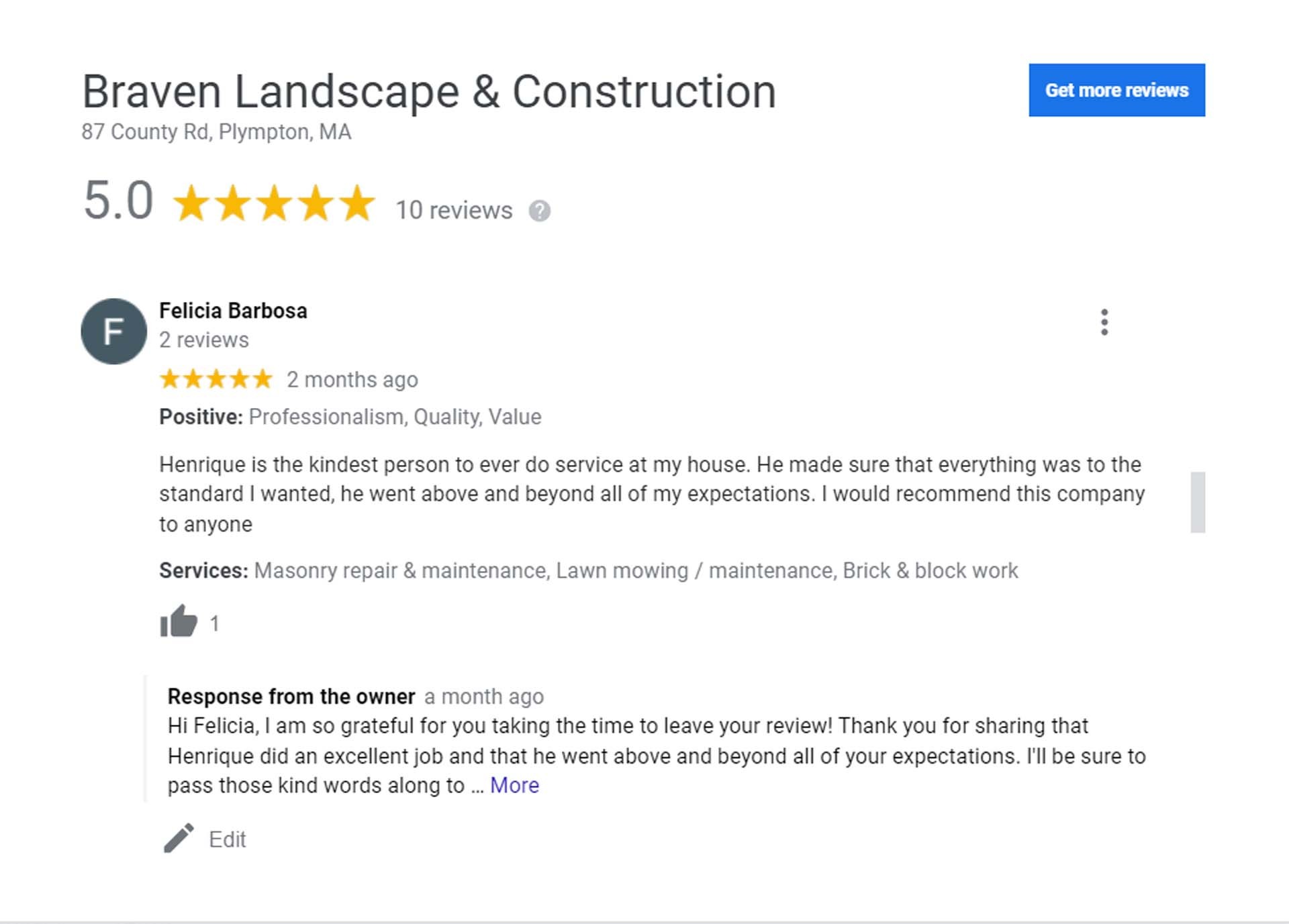 5-star fence construction review on Google for Braven Landscape & Construction
