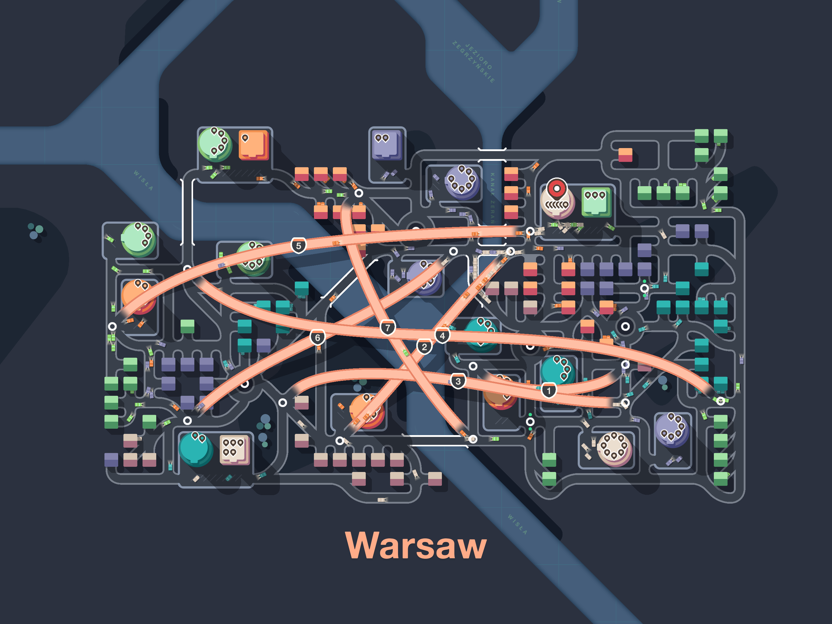 A dense map of Warsaw, featuring a wide river bisecting the map. There are half a dozen motorways crossing around the map and many houses and roads.