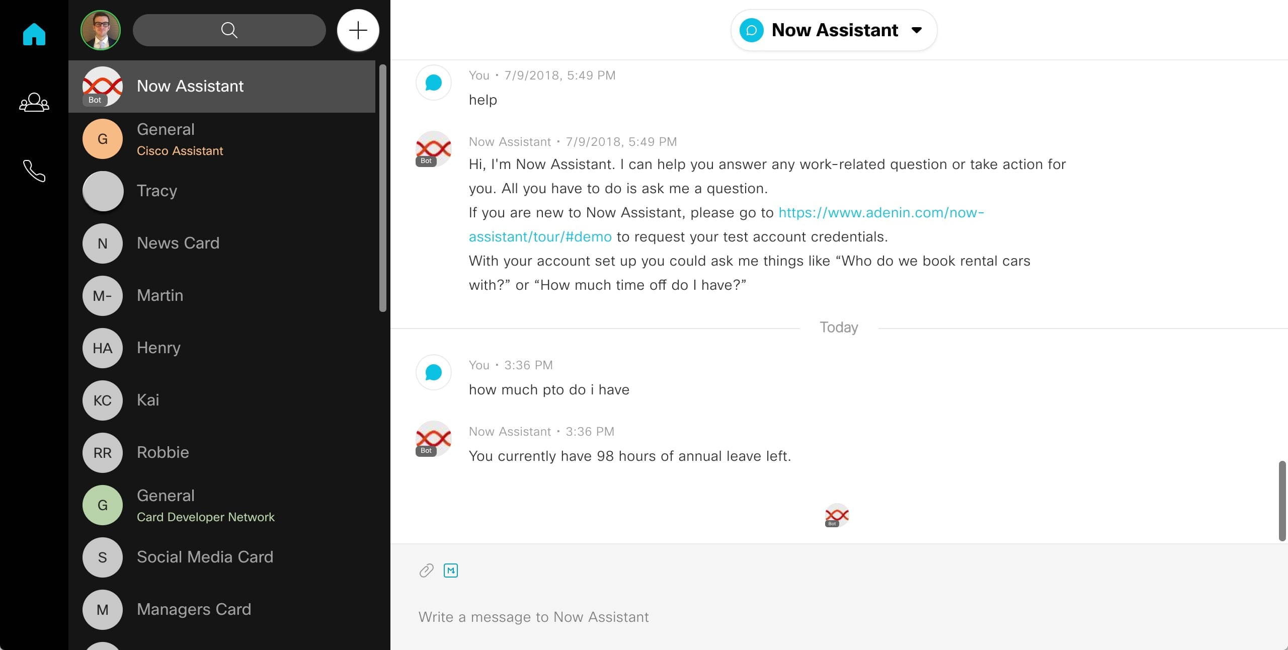 Digital Assistant works as a bot inside Webex Teams