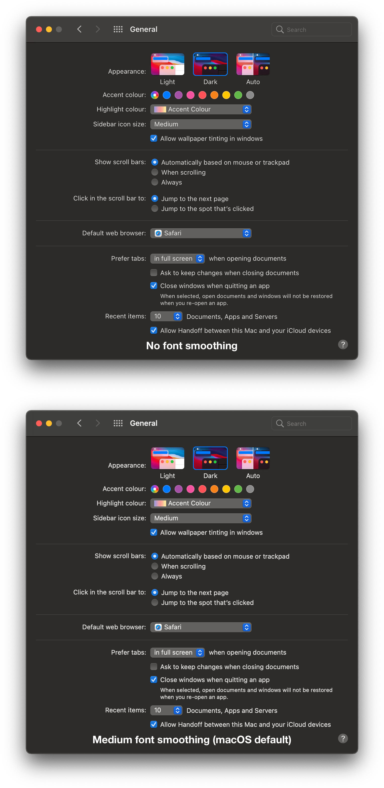 Hover over or click the image to see the difference between medium font smoothing (macOS default) and no font smoothing.