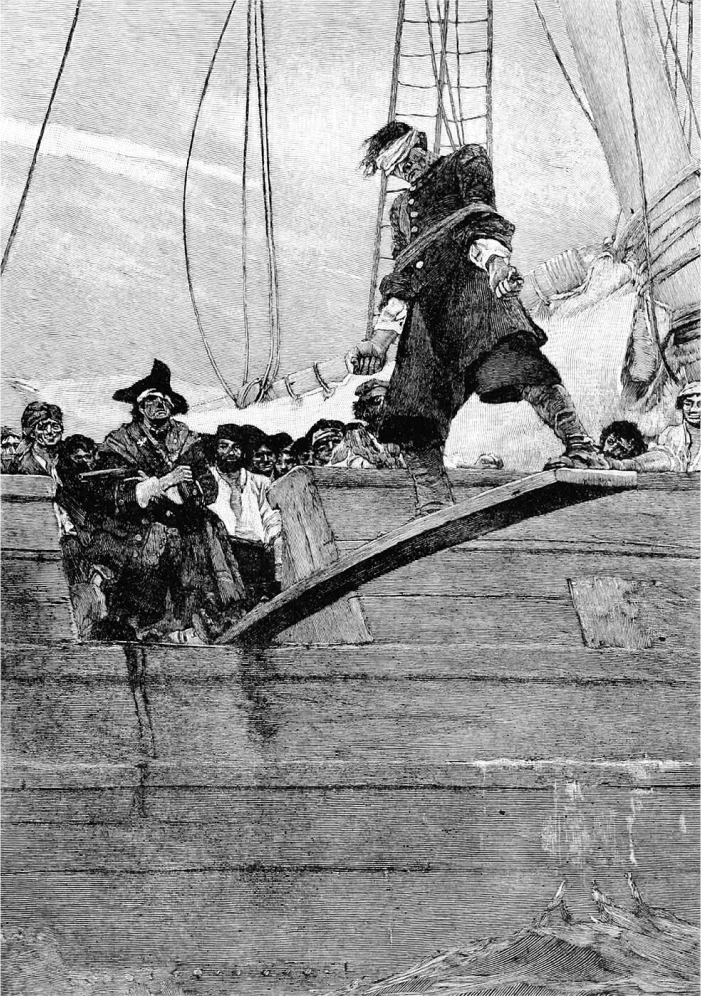 A drawing of pirates forcing a man off the gang plank