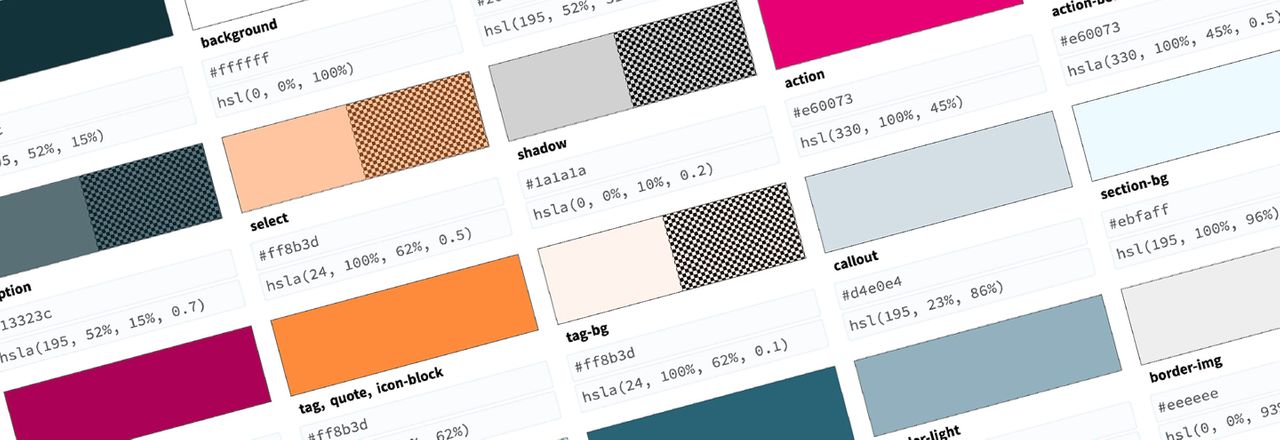 Sample organized color swatches with hex and hsl values