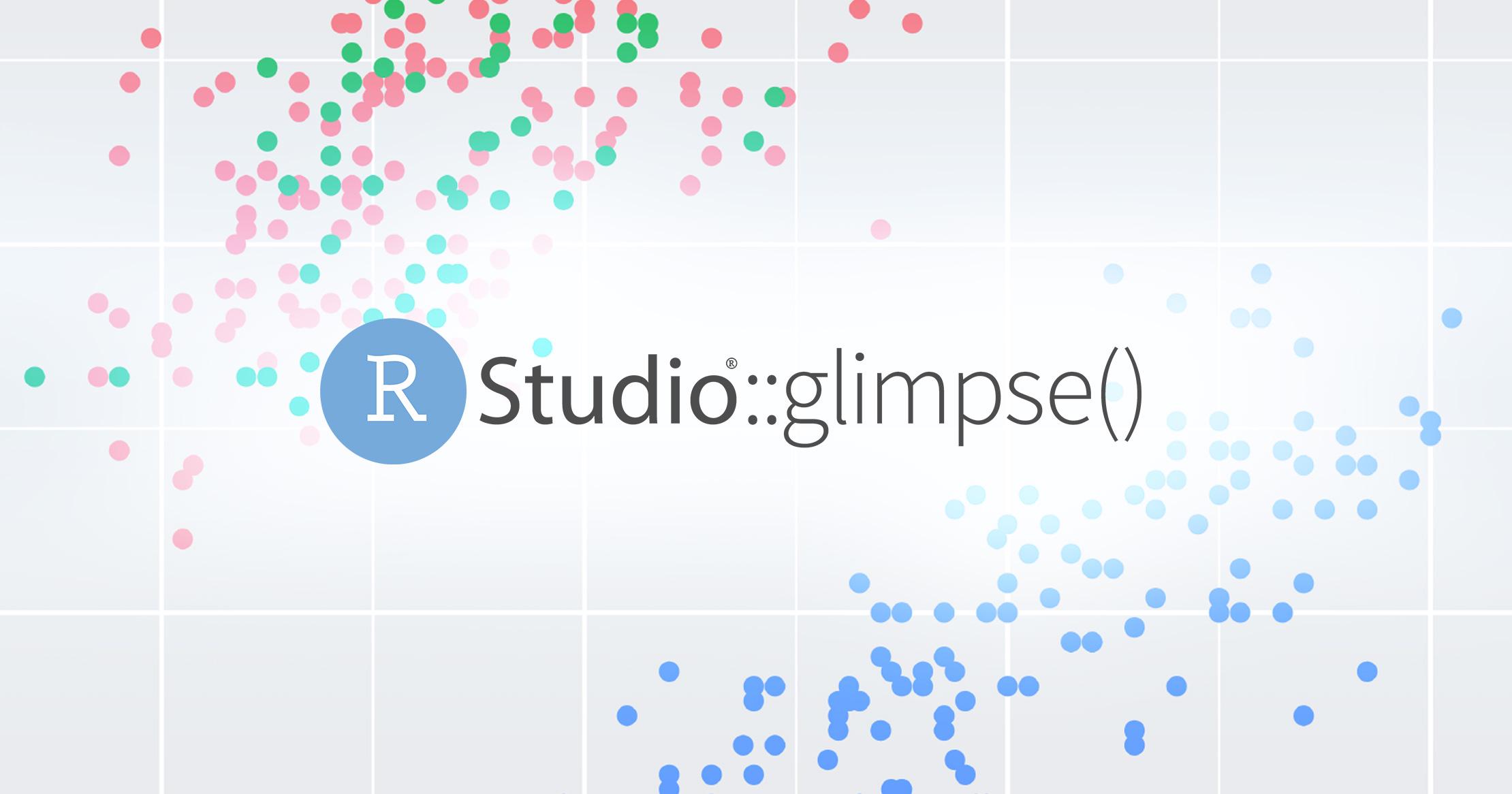 Thumbnail Plot output of a ggplot2 scatterplot with the RStudio glimpse logo on top.
